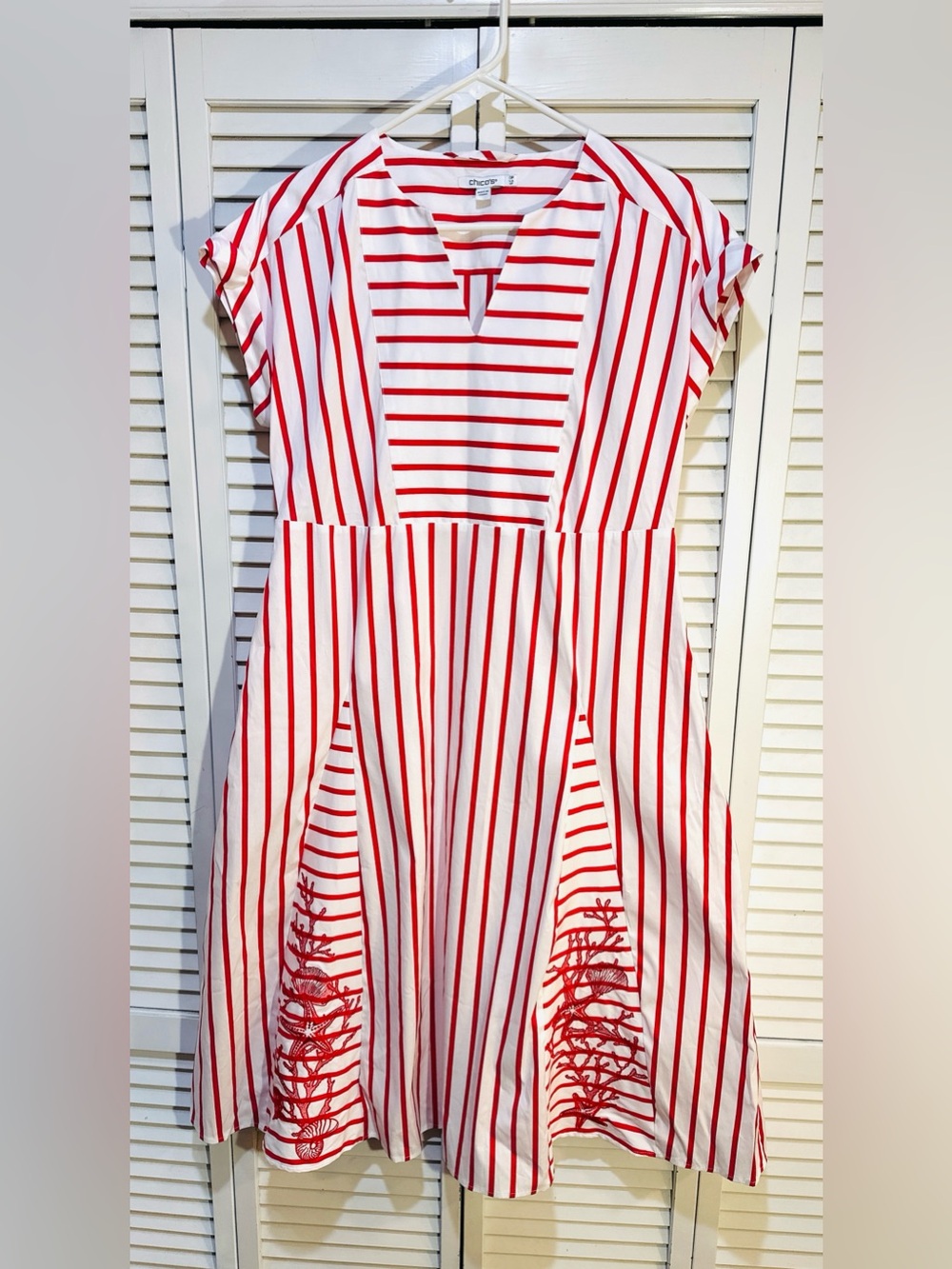 Chico's Red & White Striped Nautical Embroidered Midi Dress – Size 4P